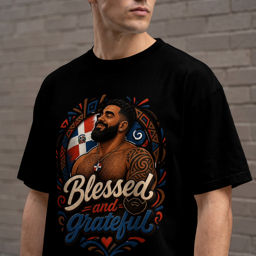 T-shirt with Dominican Republic flag and "Blessed and Grateful" text.