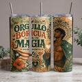 "Orgullo Boricua" Puerto Rican pride tumbler with a man and hibiscus flower.