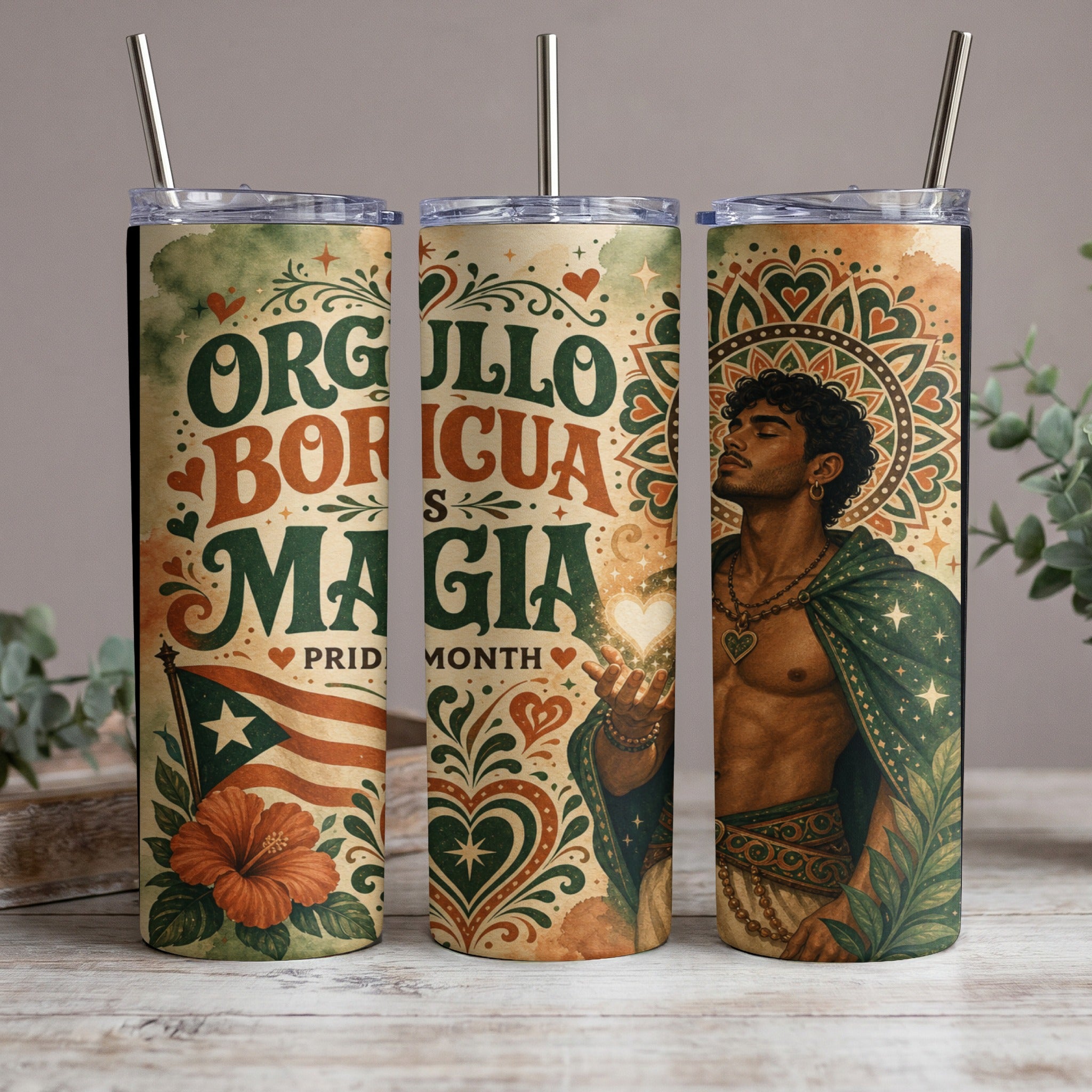 "Orgullo Boricua" Puerto Rican pride tumbler with a man and hibiscus flower.