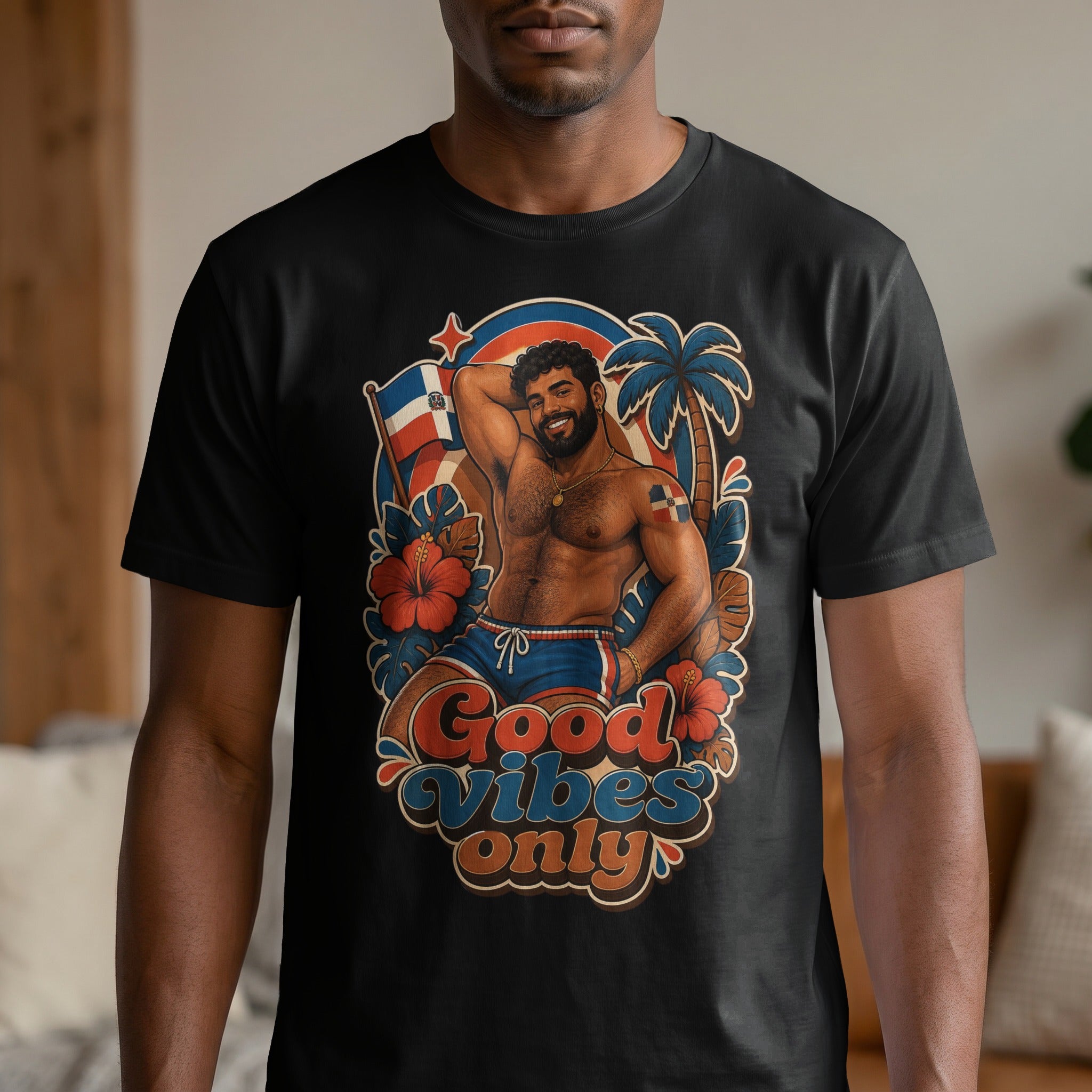 T-shirt with man in swim trunks, Dominican flag, palm tree, and "Good Vibes Only" text.