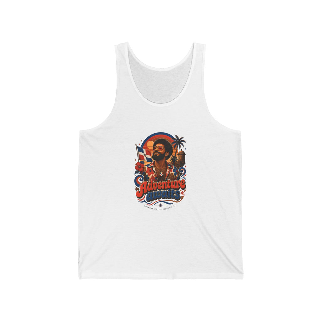 Tank top with vintage graphic of a man, palm trees, and flag.