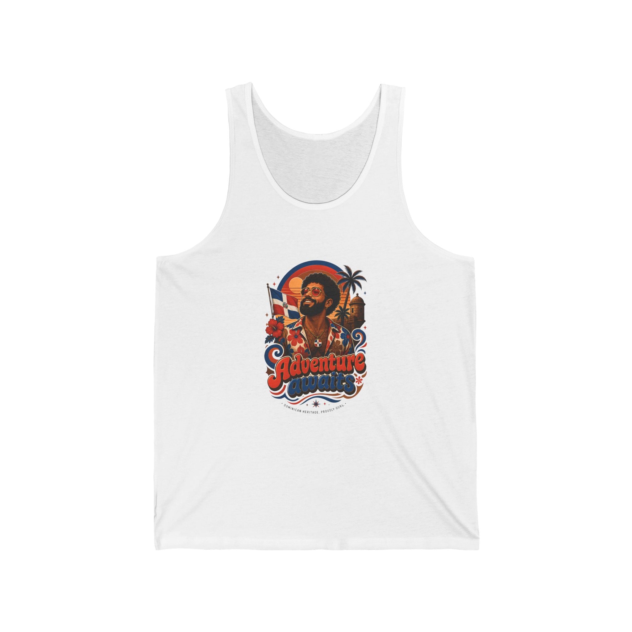 Tank top with vintage graphic of a man, palm trees, and flag.
