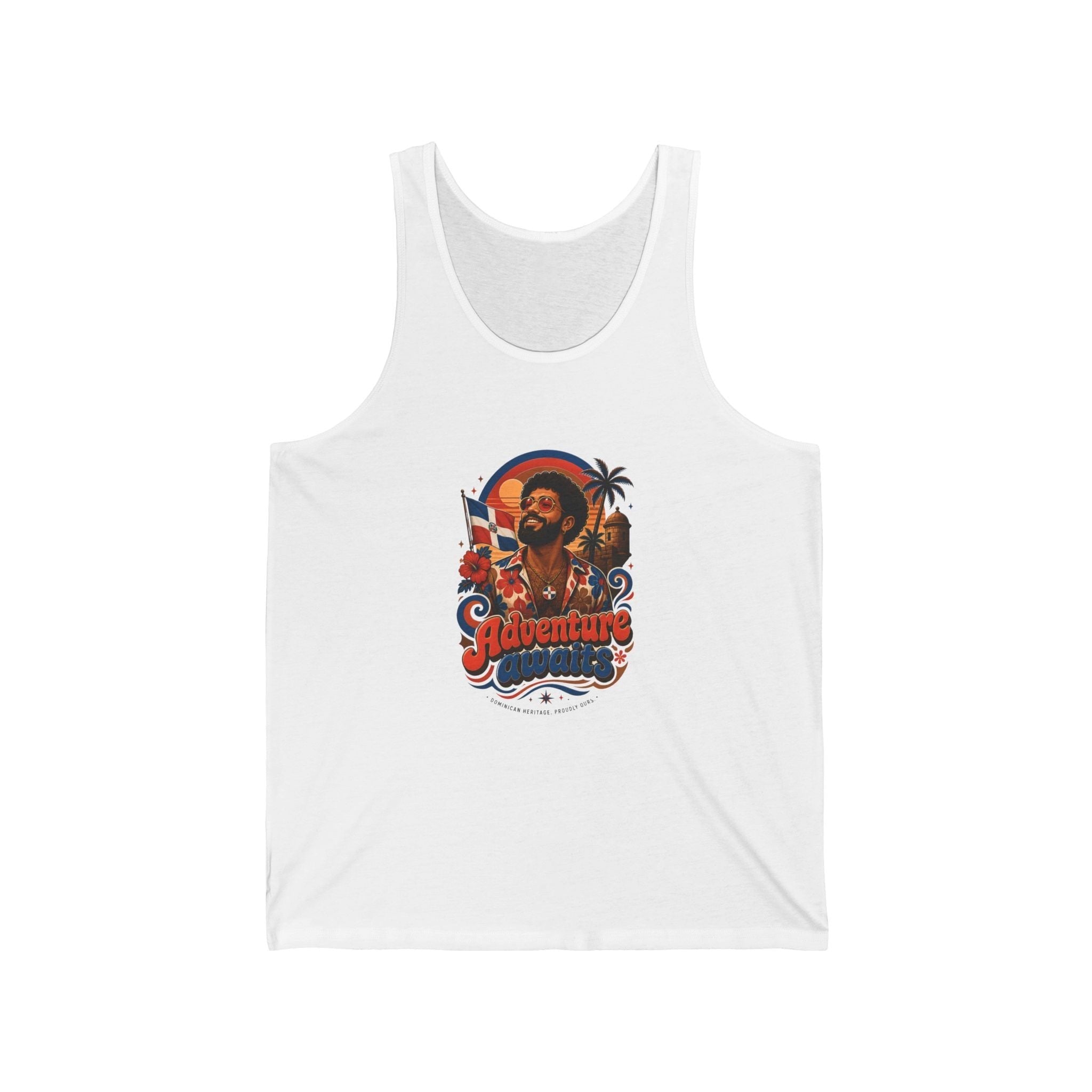 Tank top with vintage graphic of a man, palm trees, and flag.