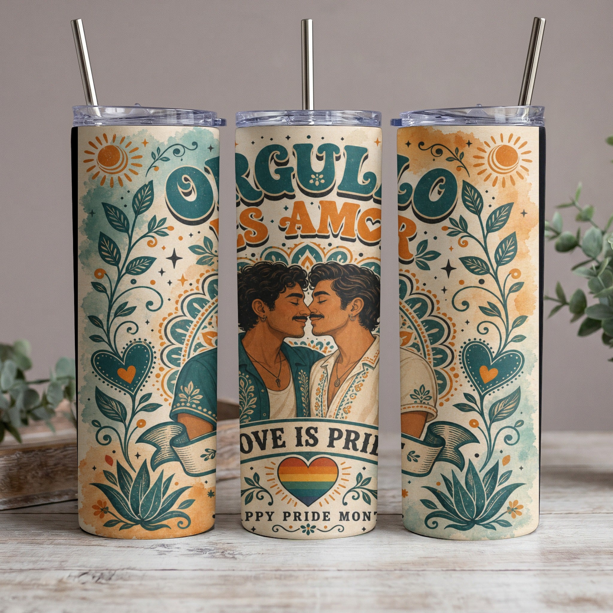 Three tumblers with "Orgullo y Amor" and "Love is Pride" text, featuring embracing men.