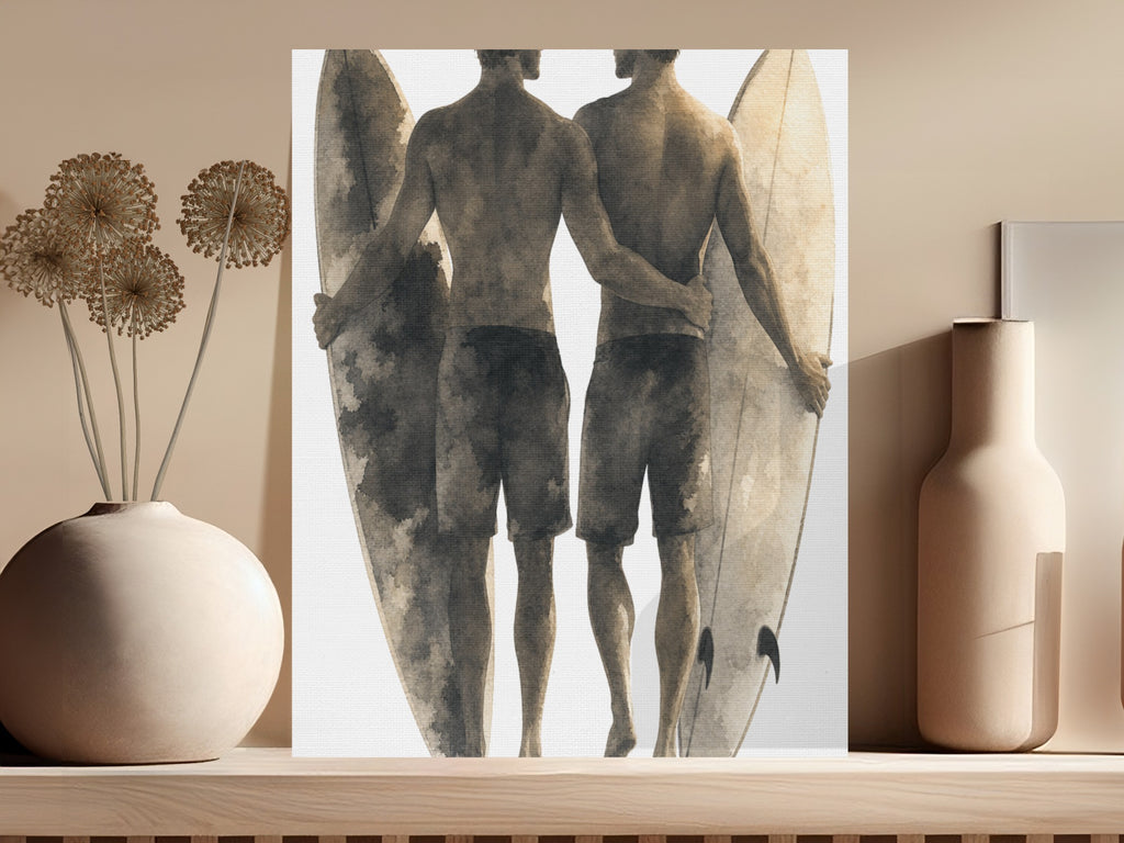 Watercolor painting of two people with surfboards, standing side-by-side.