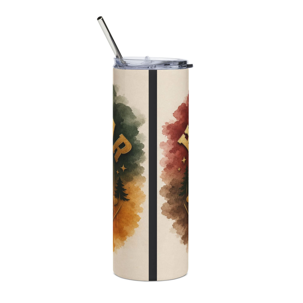 Tumbler with metallic straw and watercolor trees design in green and red hues.