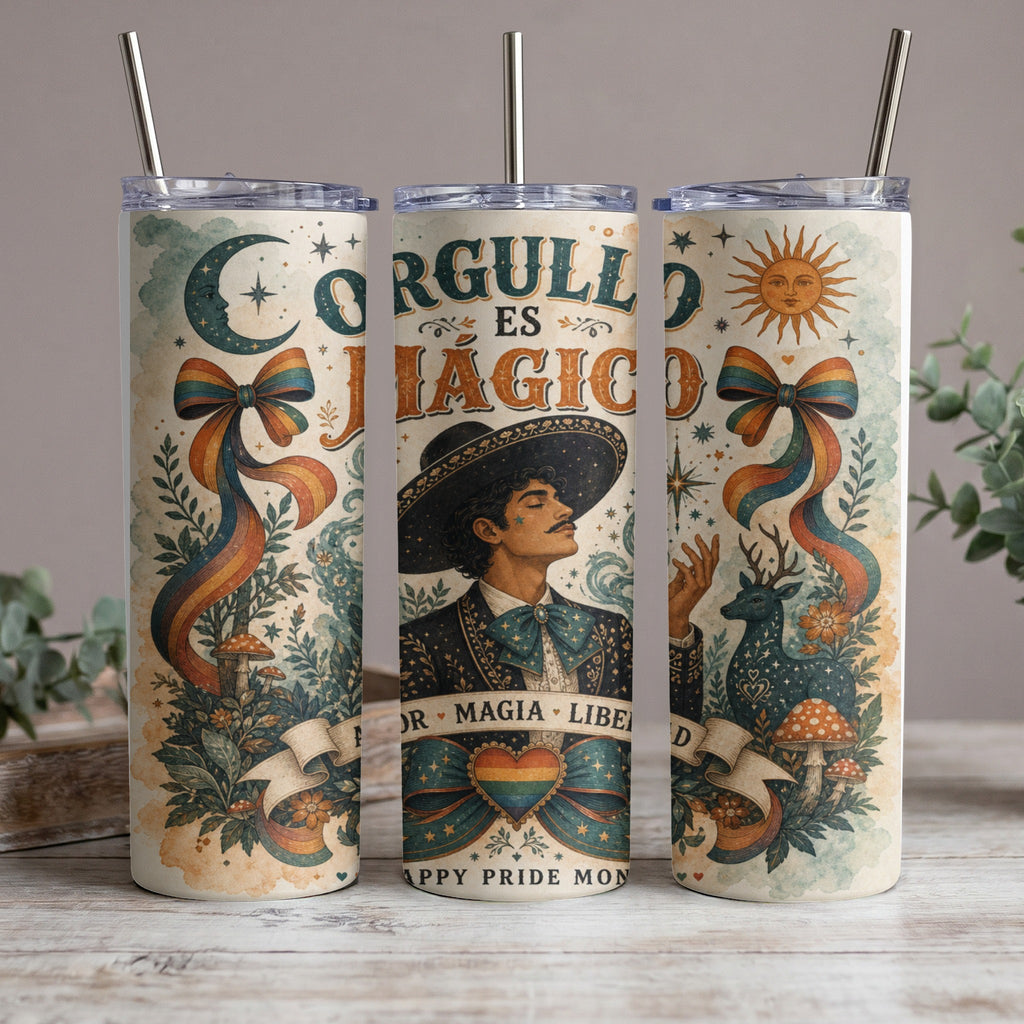 Trio of tumblers featuring man in sombrero, rainbow ribbon, sun, moon, and stars.