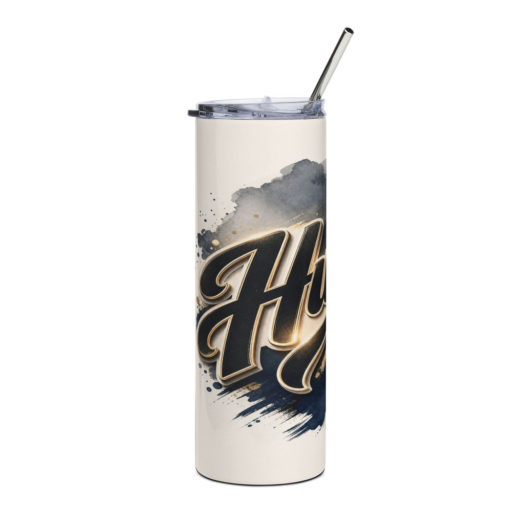 Tall tumbler with lid and straw, featuring a "Hye" text design and abstract blue paint splatters.