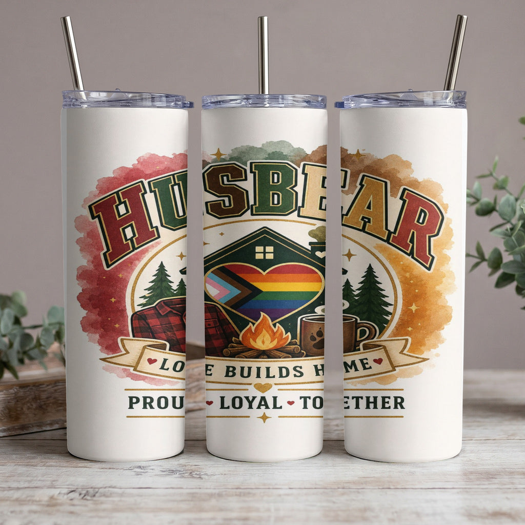 "Husbear" tumbler with pride heart, campfire, and plaid shirt design. Love builds home, proud, loyal, together.