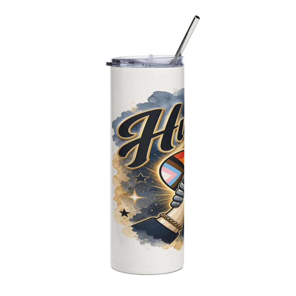 White tumbler with metallic straw, featuring a large black "H" and a hand holding a pride flag sphere.