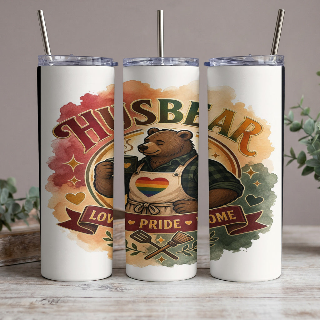 Tumbler with bear wearing apron with rainbow heart, text "Love Pride Home".