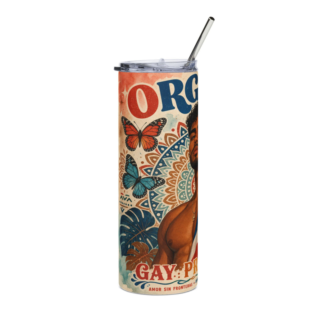 Colorful tumbler with a man's torso, butterflies, and text "ORG PRIDE".