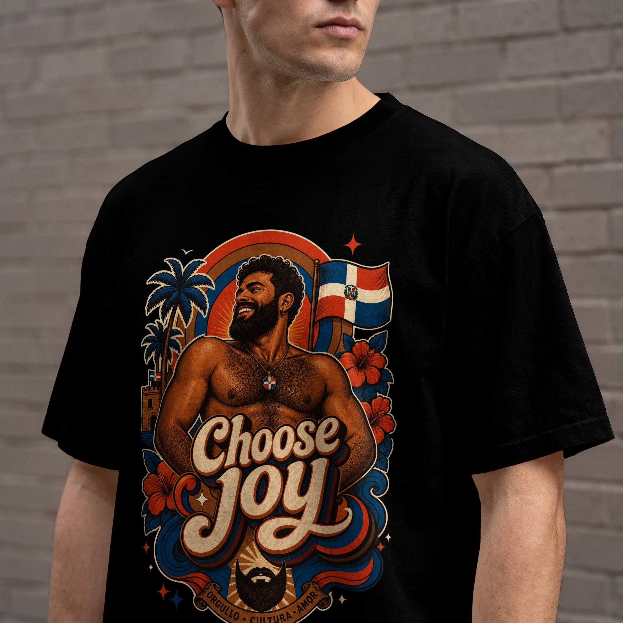 Black t-shirt with Choose Joy text, Dominican flag, and colorful tropical design.