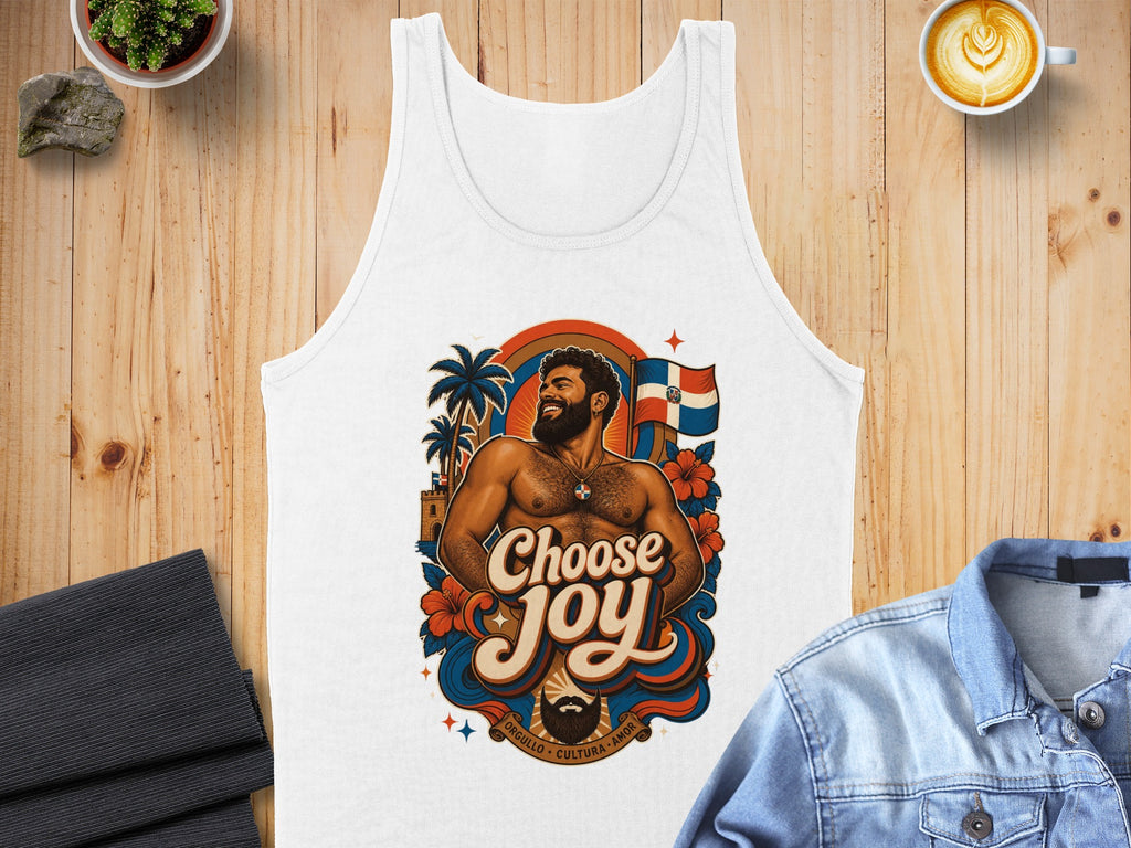 White tank top with a man and Dominican Republic flag, text reads "Choose Joy".