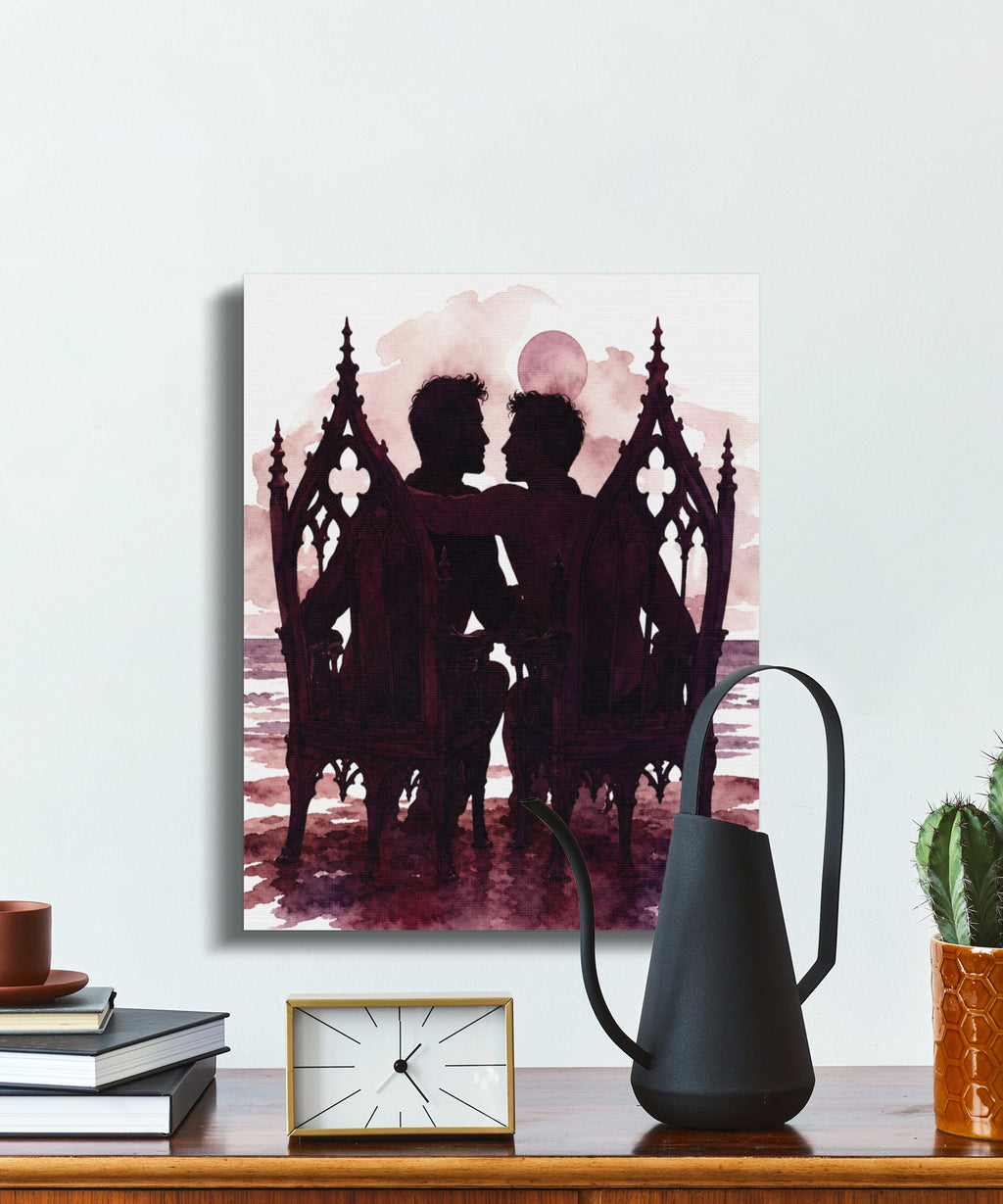 Watercolor painting of two figures embracing in ornate chairs with a moon and sky.