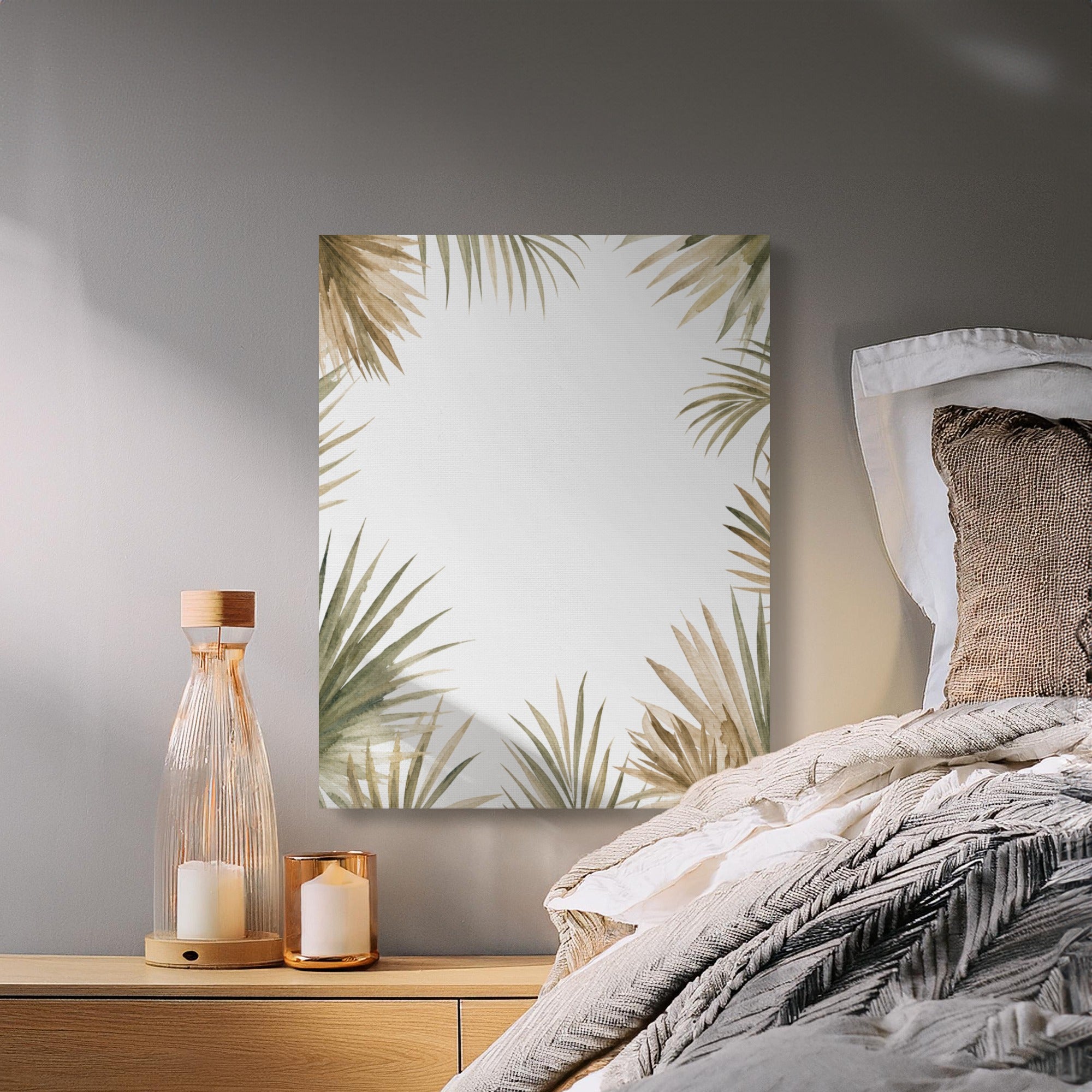 Canvas art with dried palm leaves and a white background.