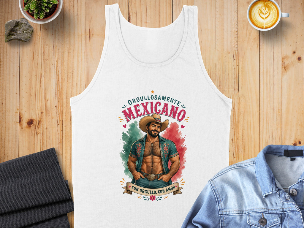 White tank top with "Orgullosamente Mexicano" and a muscular man in a cowboy hat.
