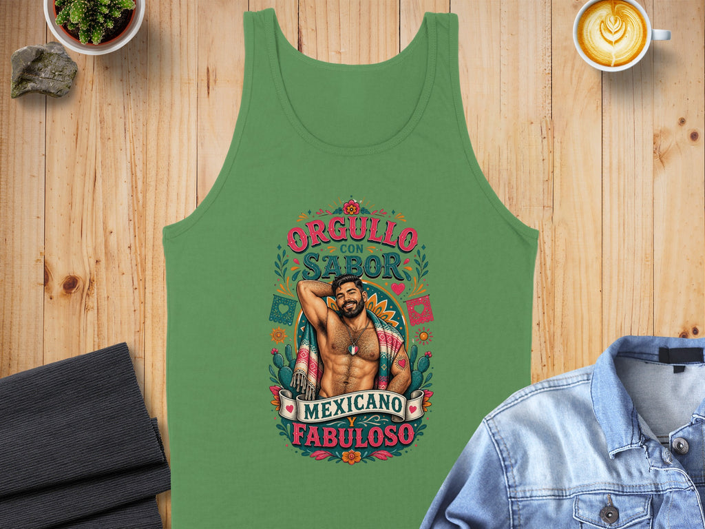 Green tank top with "Orgullo con Sabor Mexicano Fabuloso" text and illustrated man.