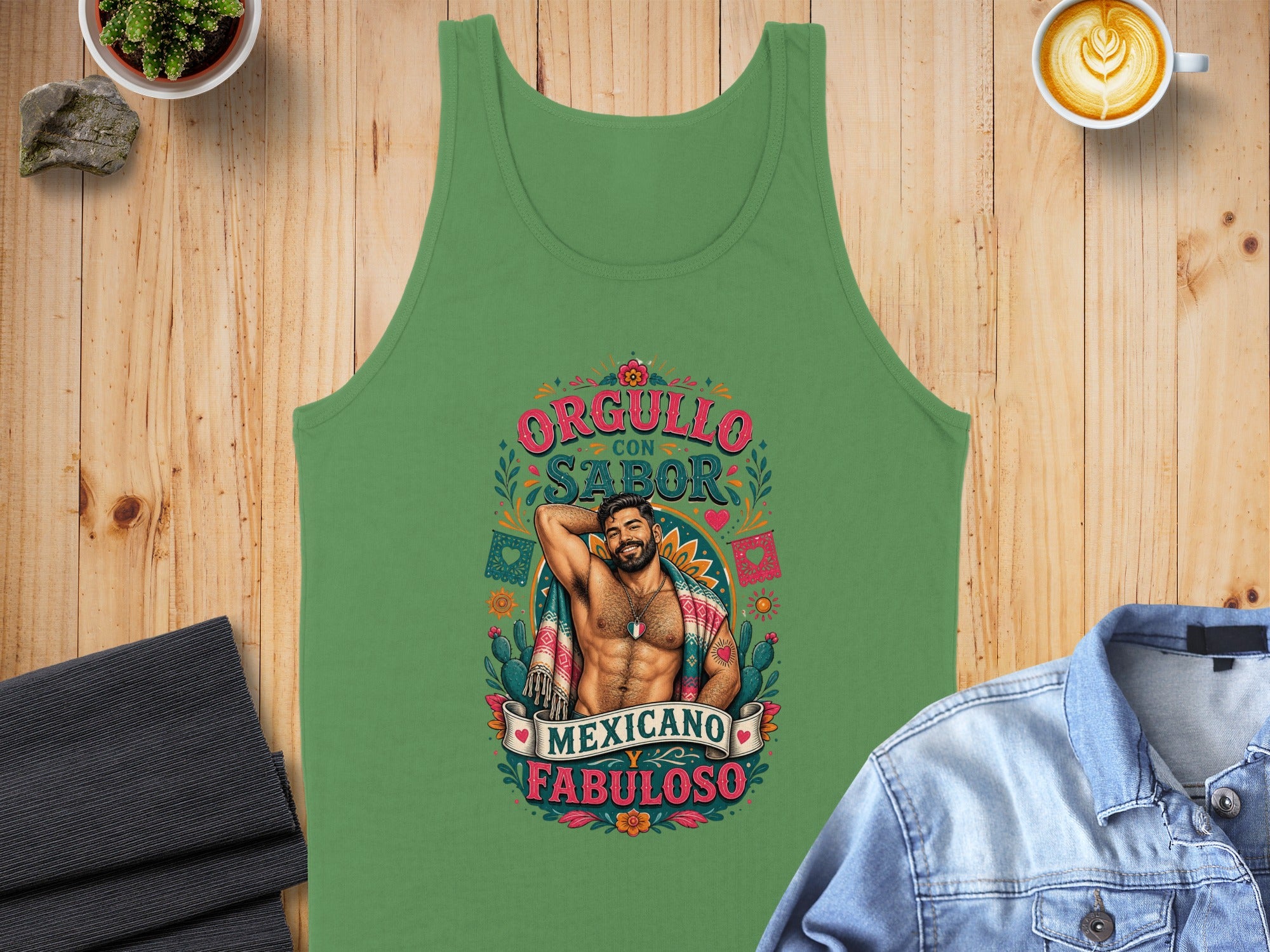 Green tank top with "Orgullo con Sabor Mexicano Fabuloso" text and illustrated man.