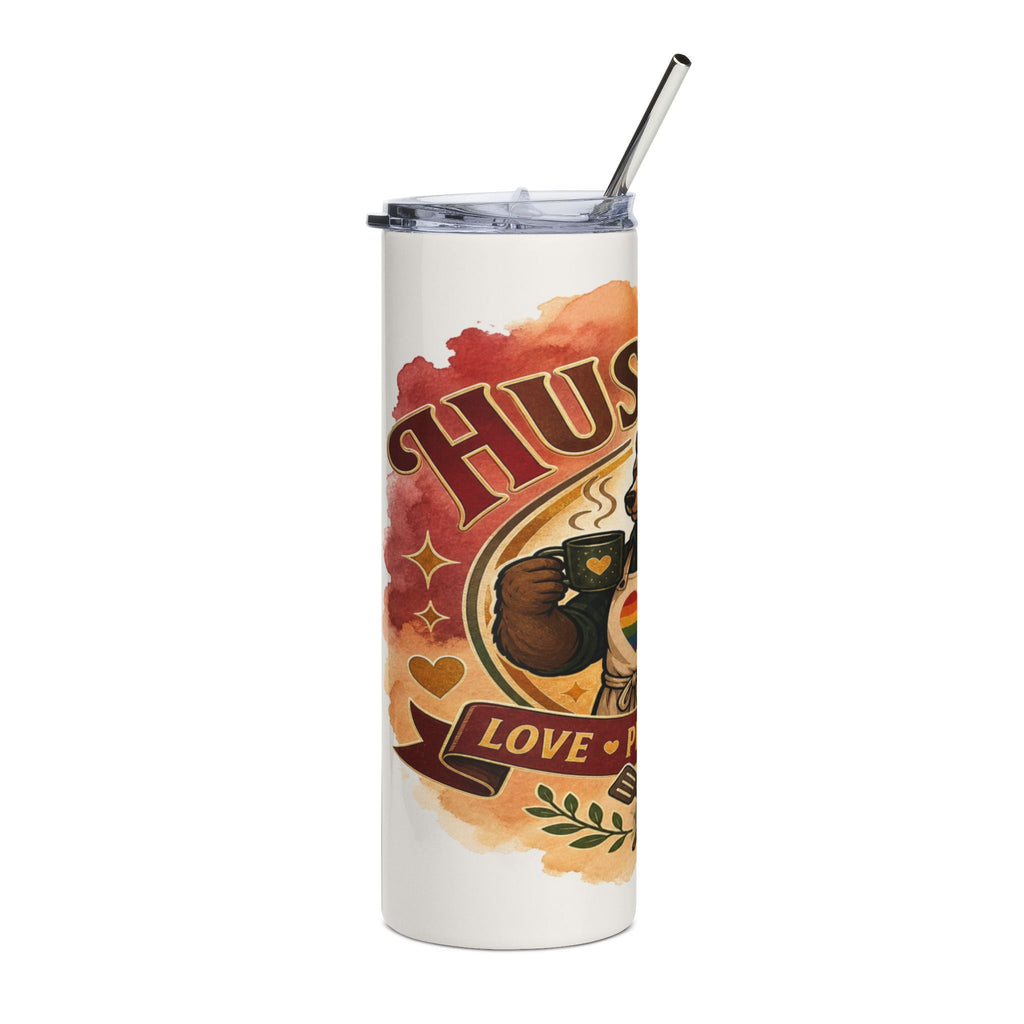 White tumbler with "HUS" text, bear holding mug, and rainbow heart details.