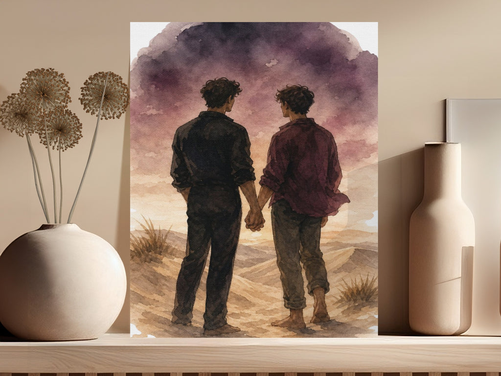 Watercolor painting of two men holding hands in a desert landscape at sunset.