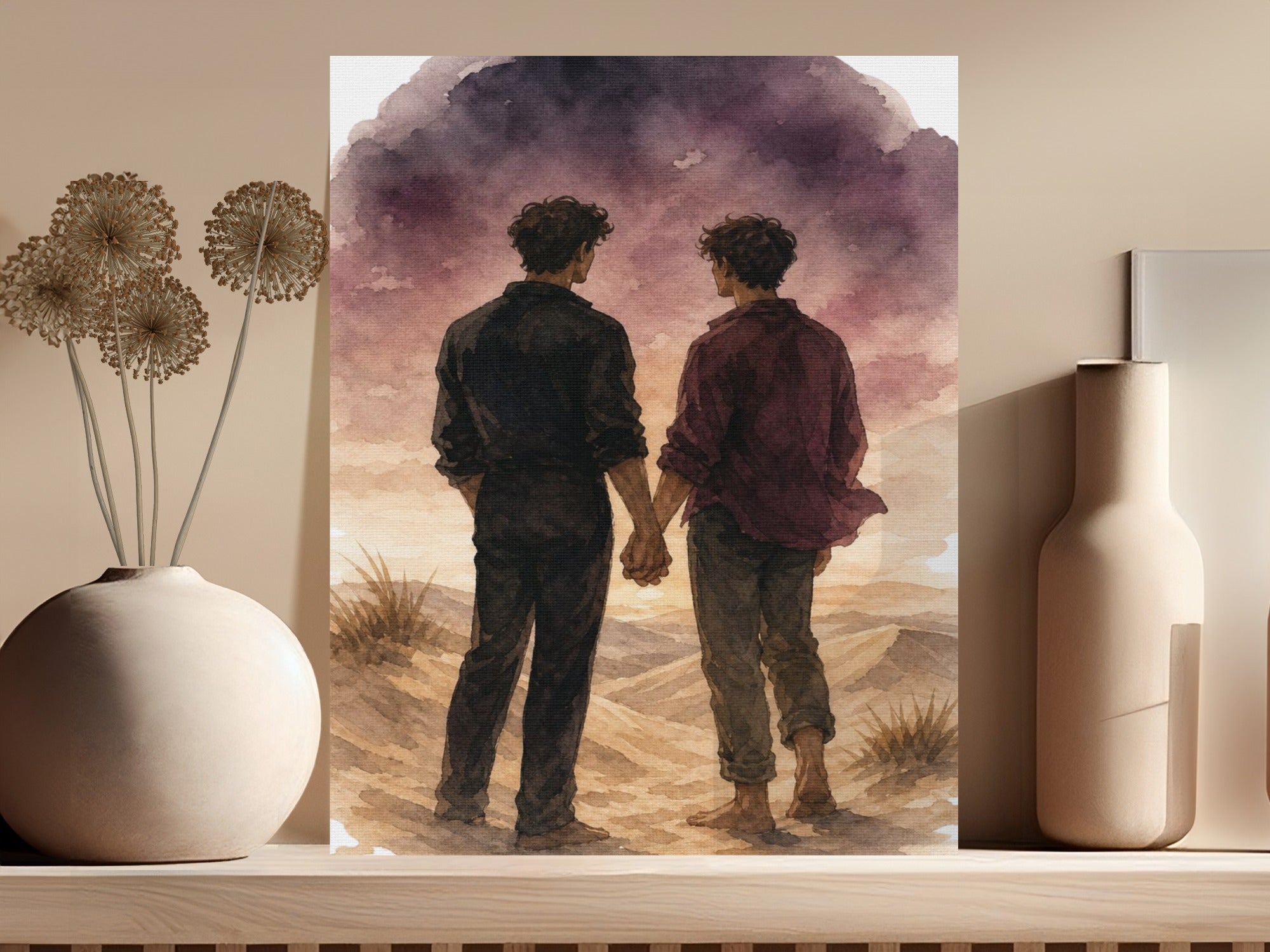 Watercolor painting of two men holding hands in a desert landscape at sunset.
