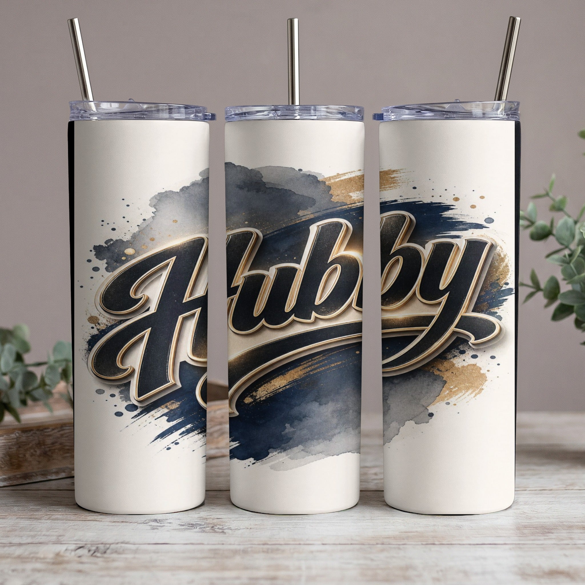 Three tumblers with "Hubby" text and abstract watercolor design.