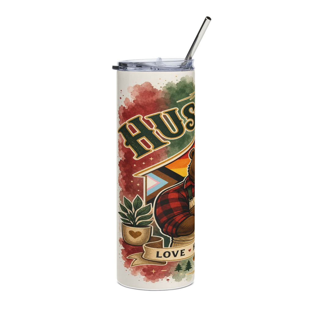 Tumbler with "Hus" and "Love" text, a bear, potted plant, and pride flag.