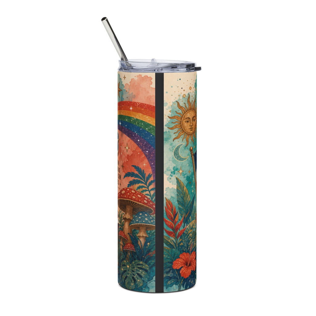 Celestial sun, moon, and rainbow with mushrooms and tropical foliage on a tumbler.