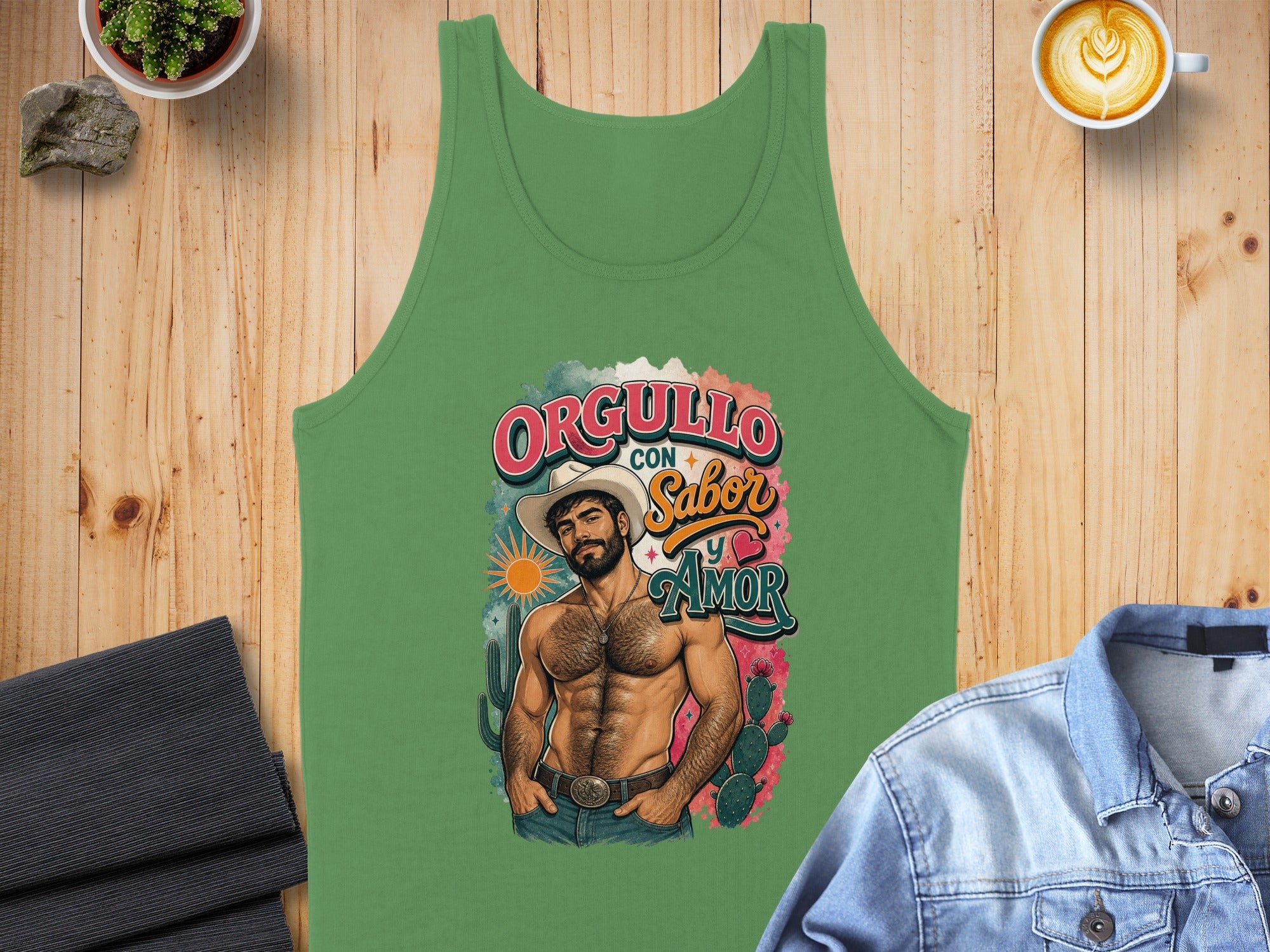 Green tank top with "Orgullo con Sabor y Amor" text and a muscular man.