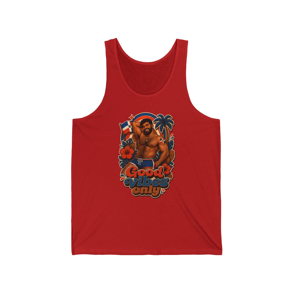 Red tank top with illustration of a man and tropical elements.