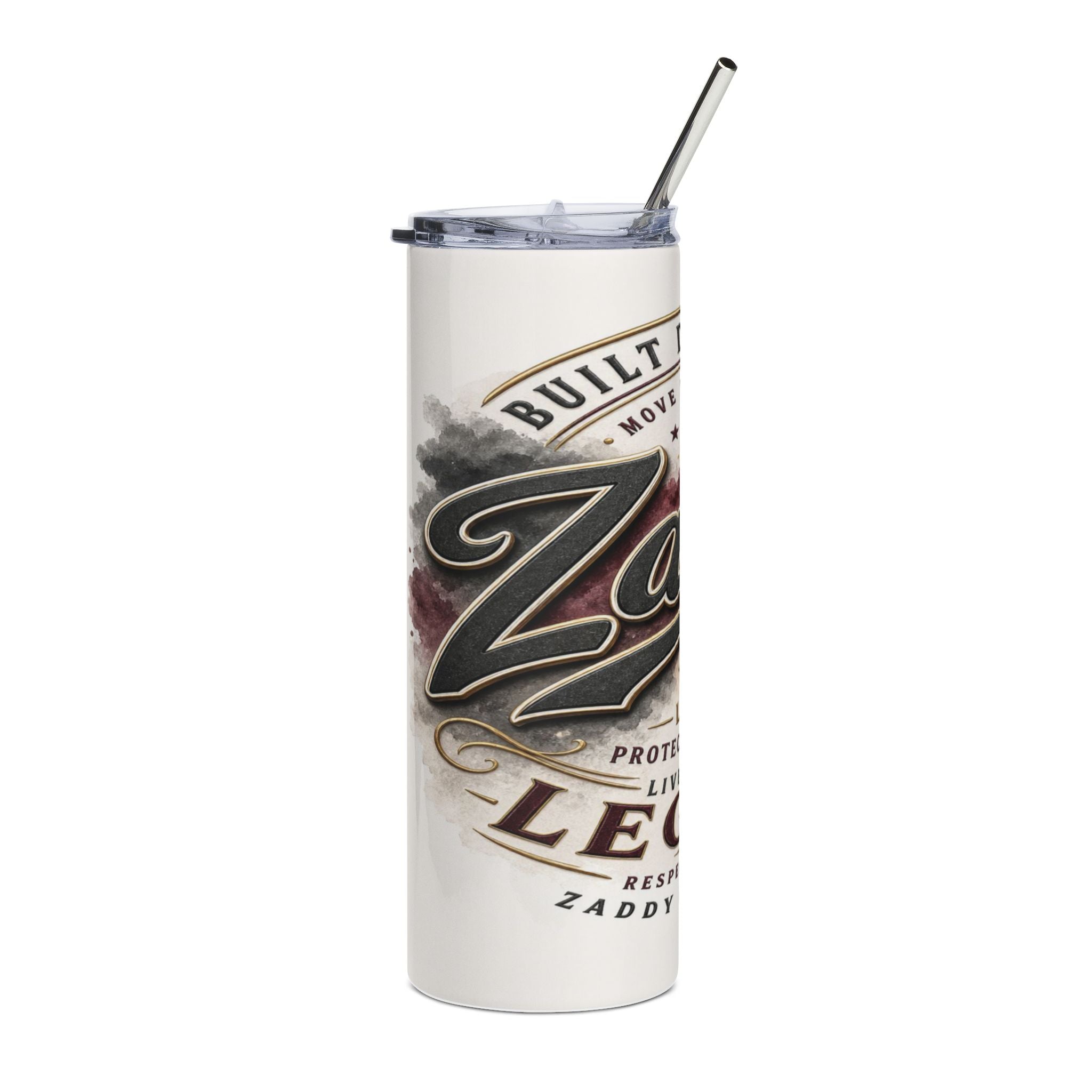 White tumbler with straw featuring "Zaddy", "Built to Move", and "Legendary" text.