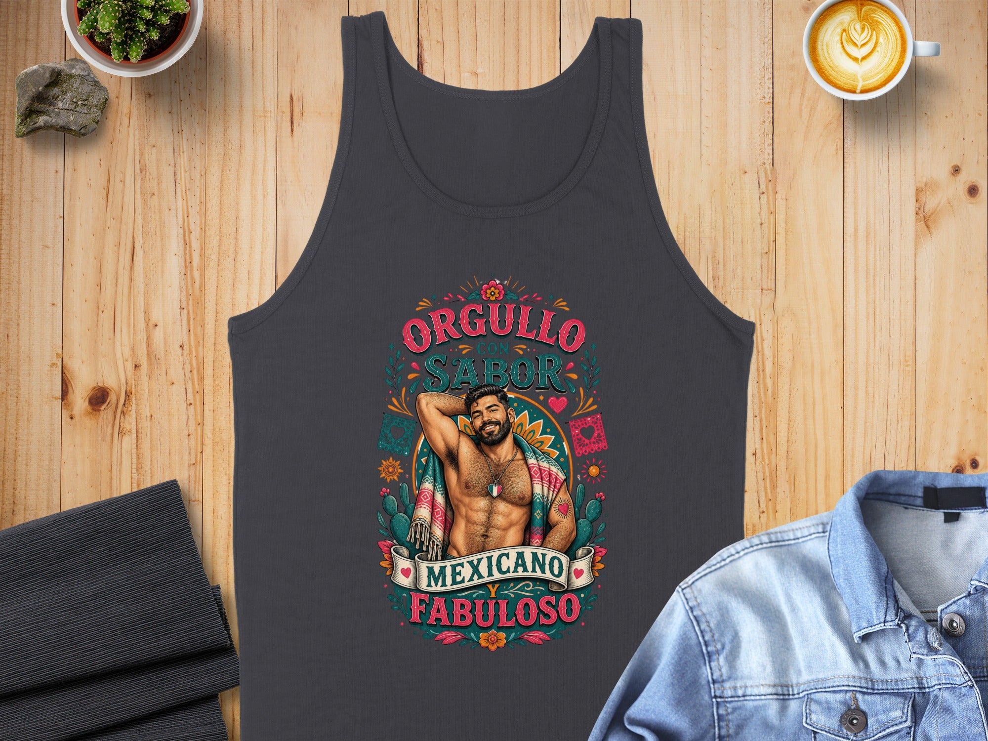 Dark gray tank top with "Orgullo con Sabor Mexicano Fabuloso" text and man graphic.
