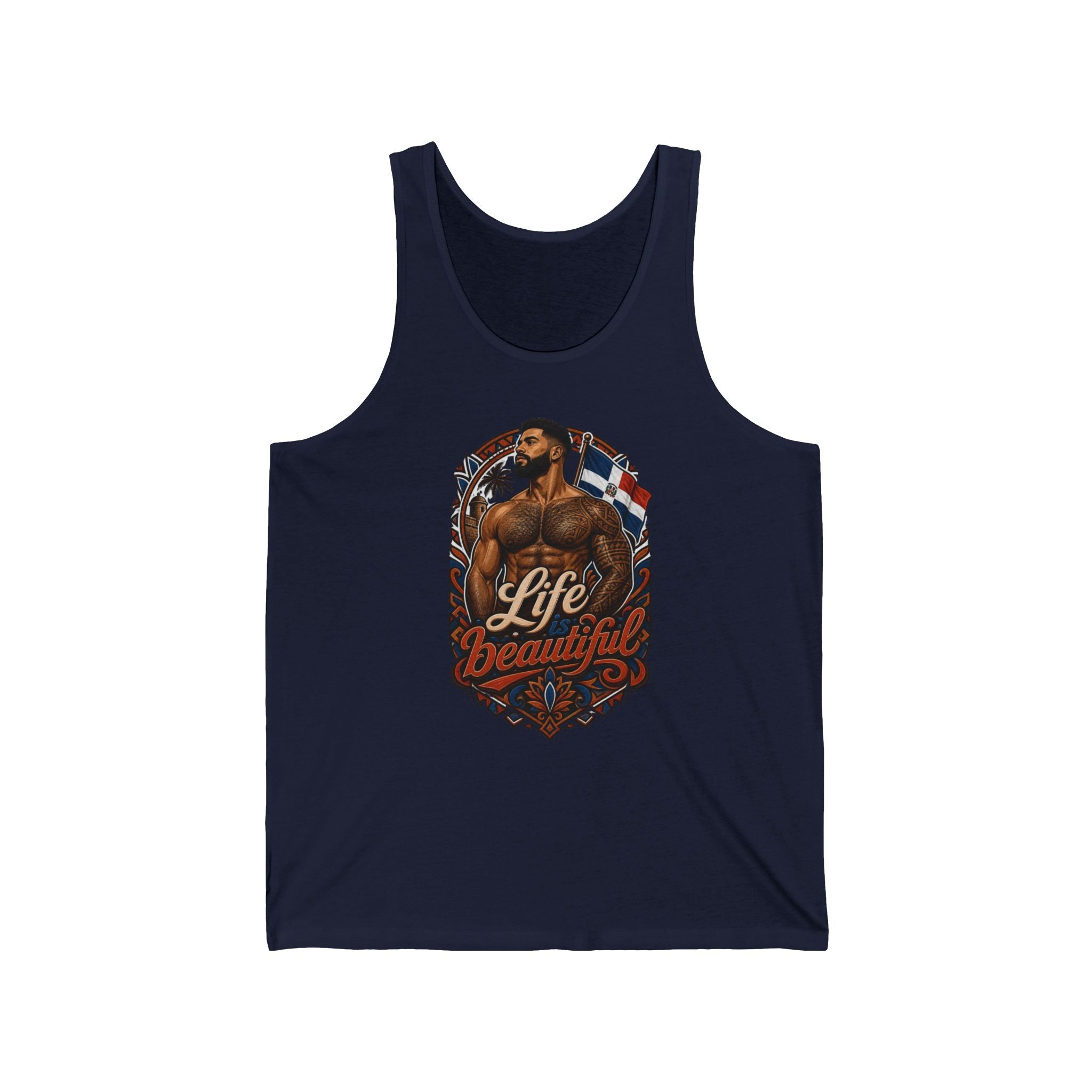 Navy tank top with a chest graphic of a tattooed man and the Dominican Republic flag.