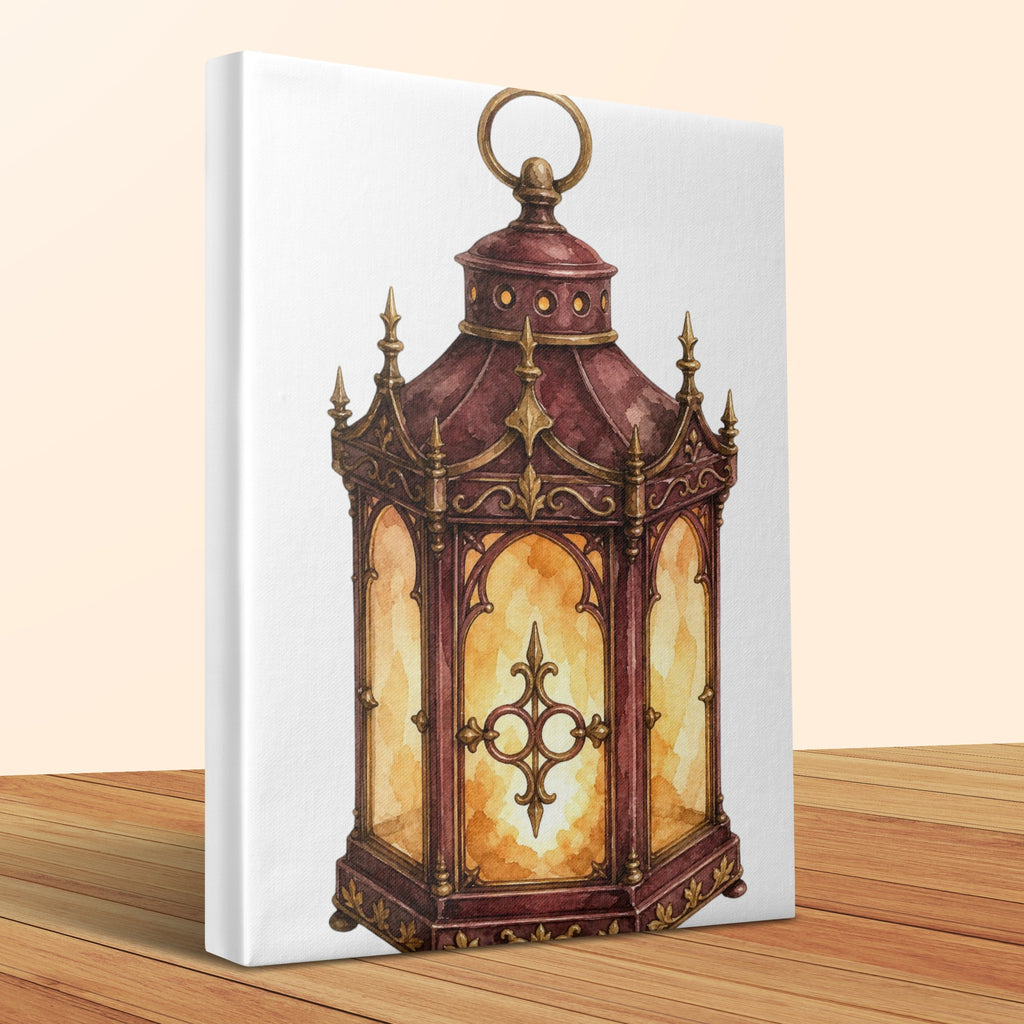 Ornate gothic lantern with gold detailing and illuminated panels.