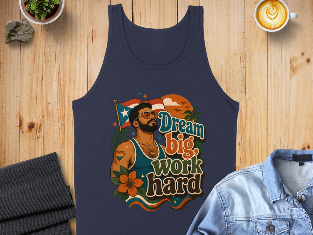 Navy tank top with "Dream big work hard" text and pride flag graphic.