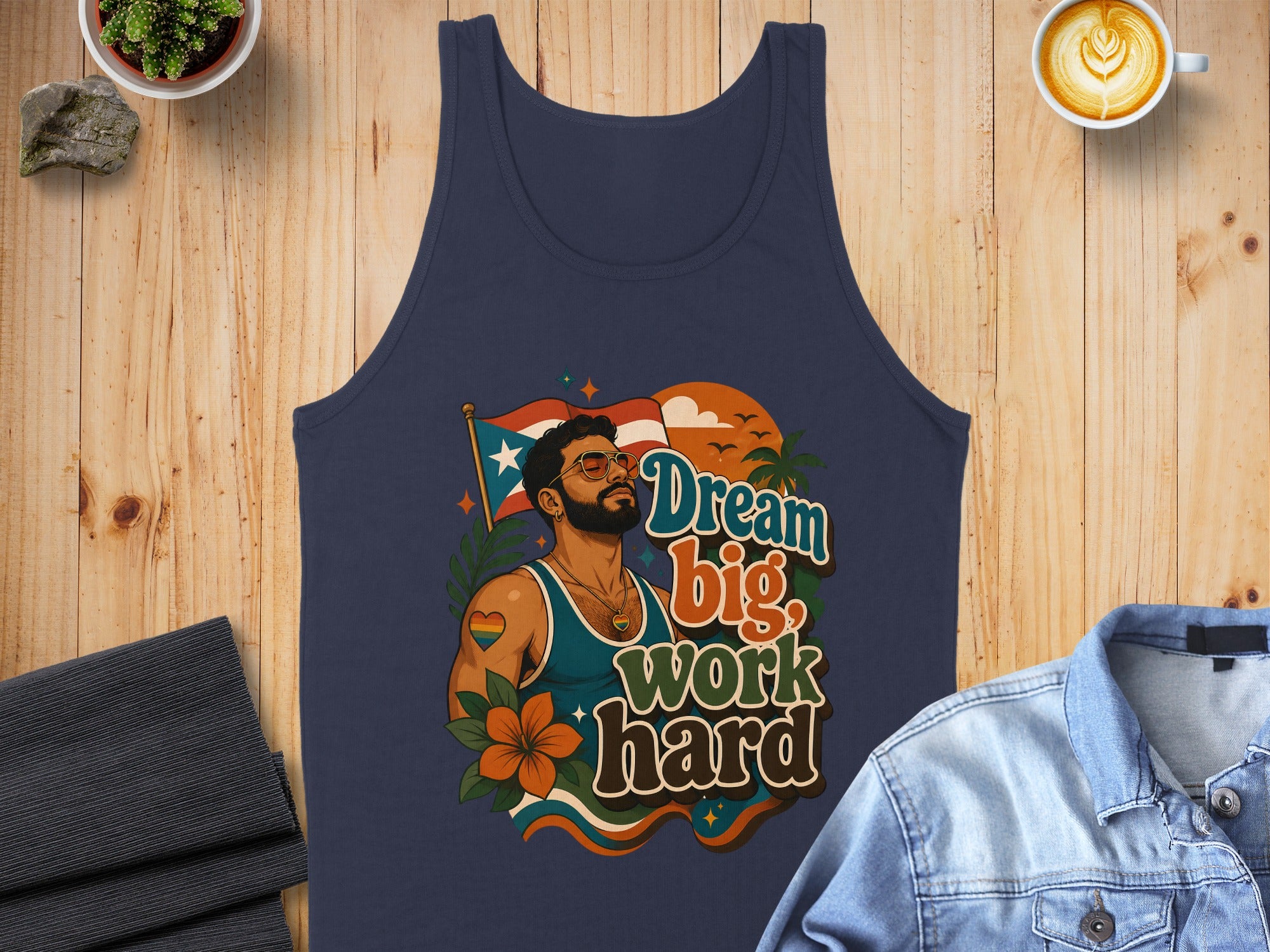 Navy tank top with "Dream big work hard" text and pride flag graphic.