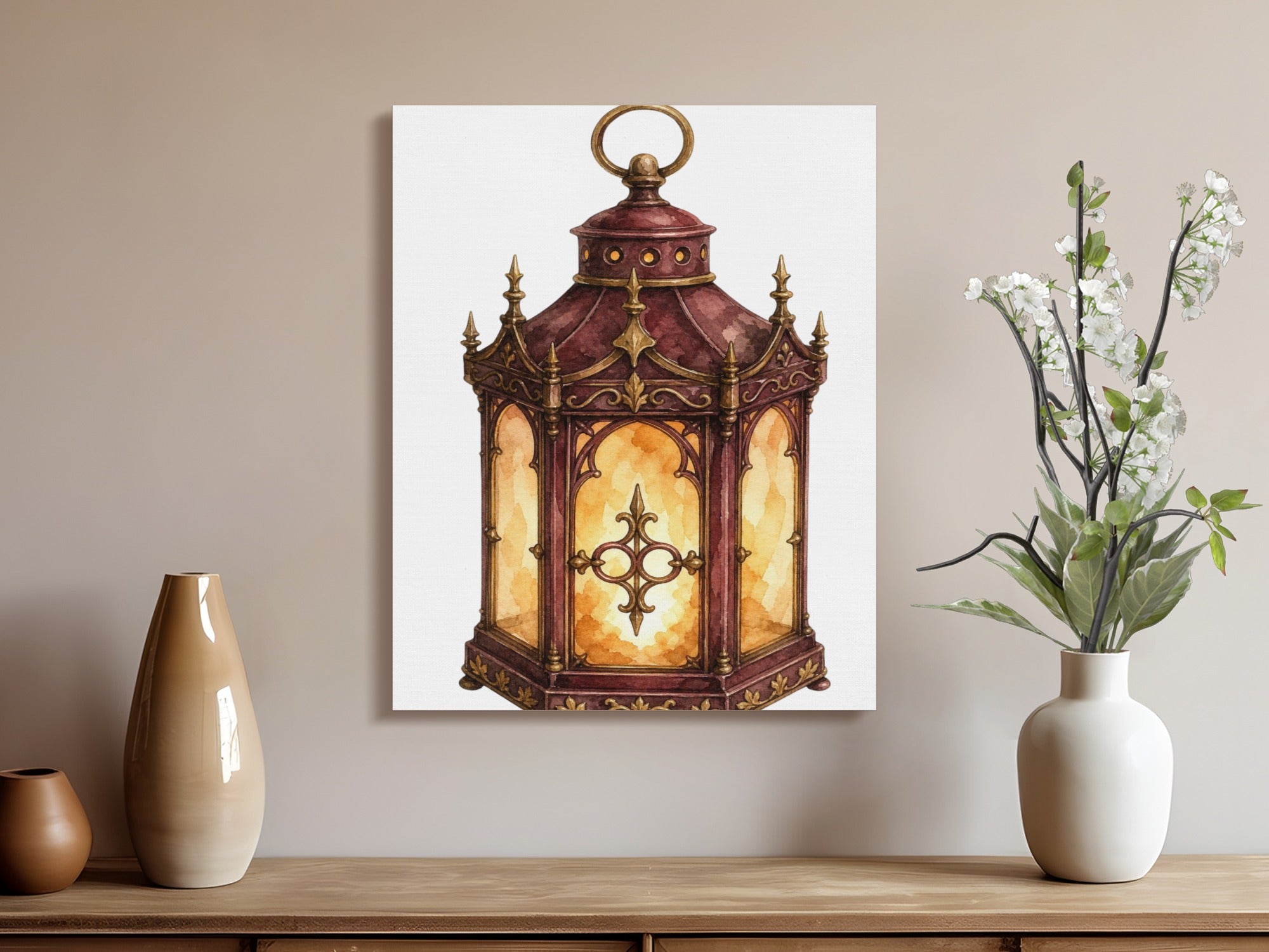 Watercolor painting of an ornate, glowing red and gold lantern on a white background.