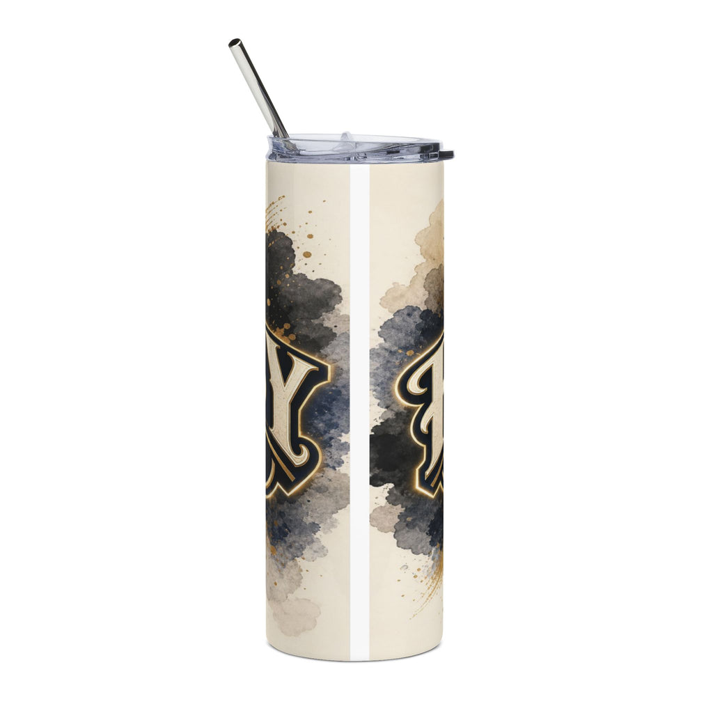 Tall tumbler with a cream background, dark watercolor splashes, and a gold-outlined "Y" logo.