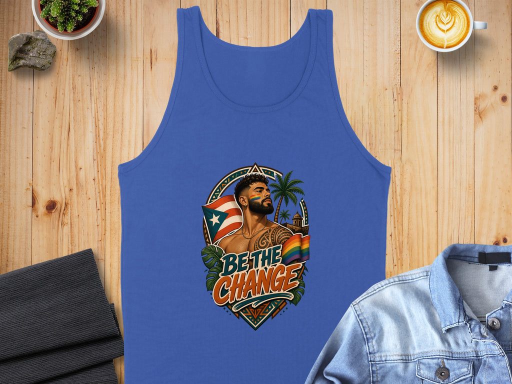 Blue tank top featuring a man with Puerto Rican flag tattoo and rainbow border design.