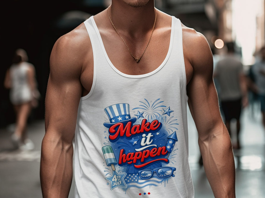 White tank top with "Make it happen" and 4th of July graphic.