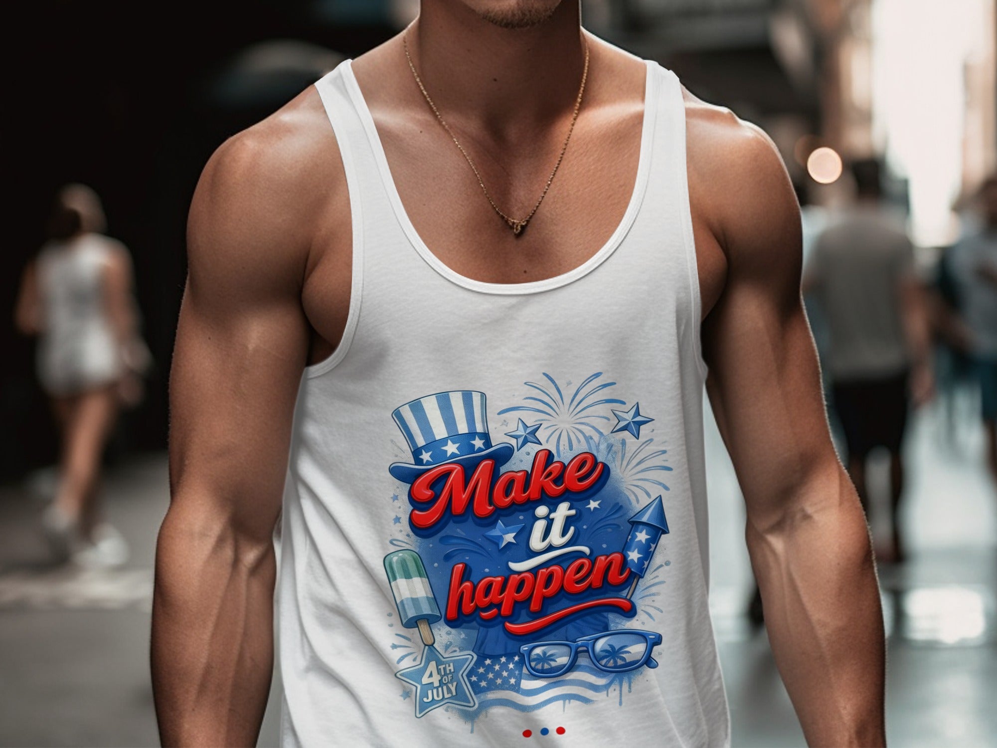 White tank top with "Make it happen" and 4th of July graphic.