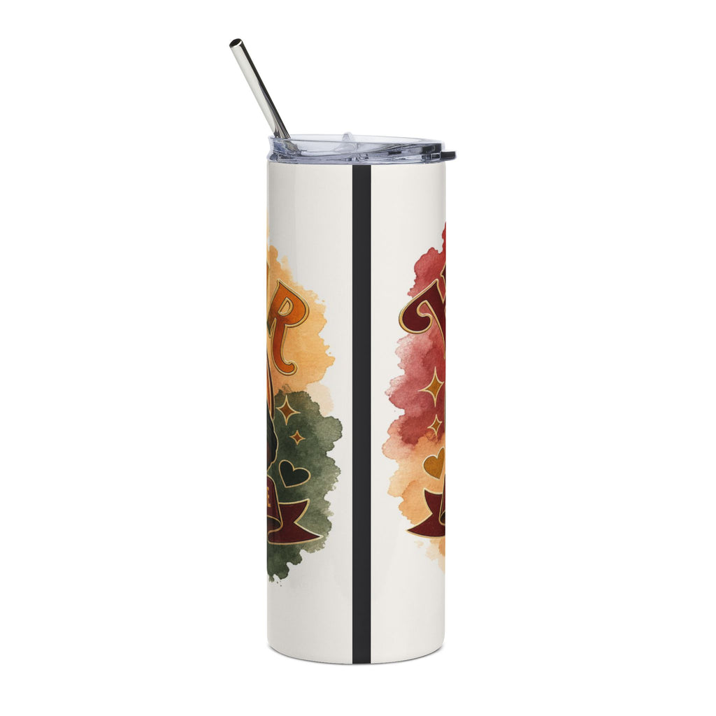 White tumbler with metallic straw featuring watercolor design and large letter "R".