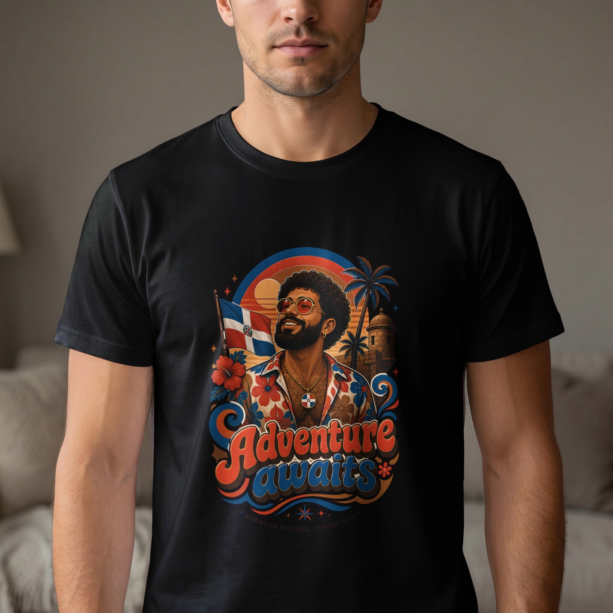 T-shirt graphic of a man with sunglasses, palm trees, and "Adventure Awaits" text.