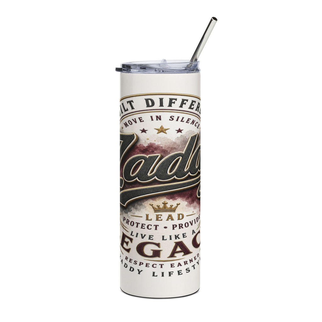 White tumbler with "Built Different" and "Move in Silence" text, "Vada" logo, and "Lead, Protect, Provide, Live Like A Legacy" phrases.