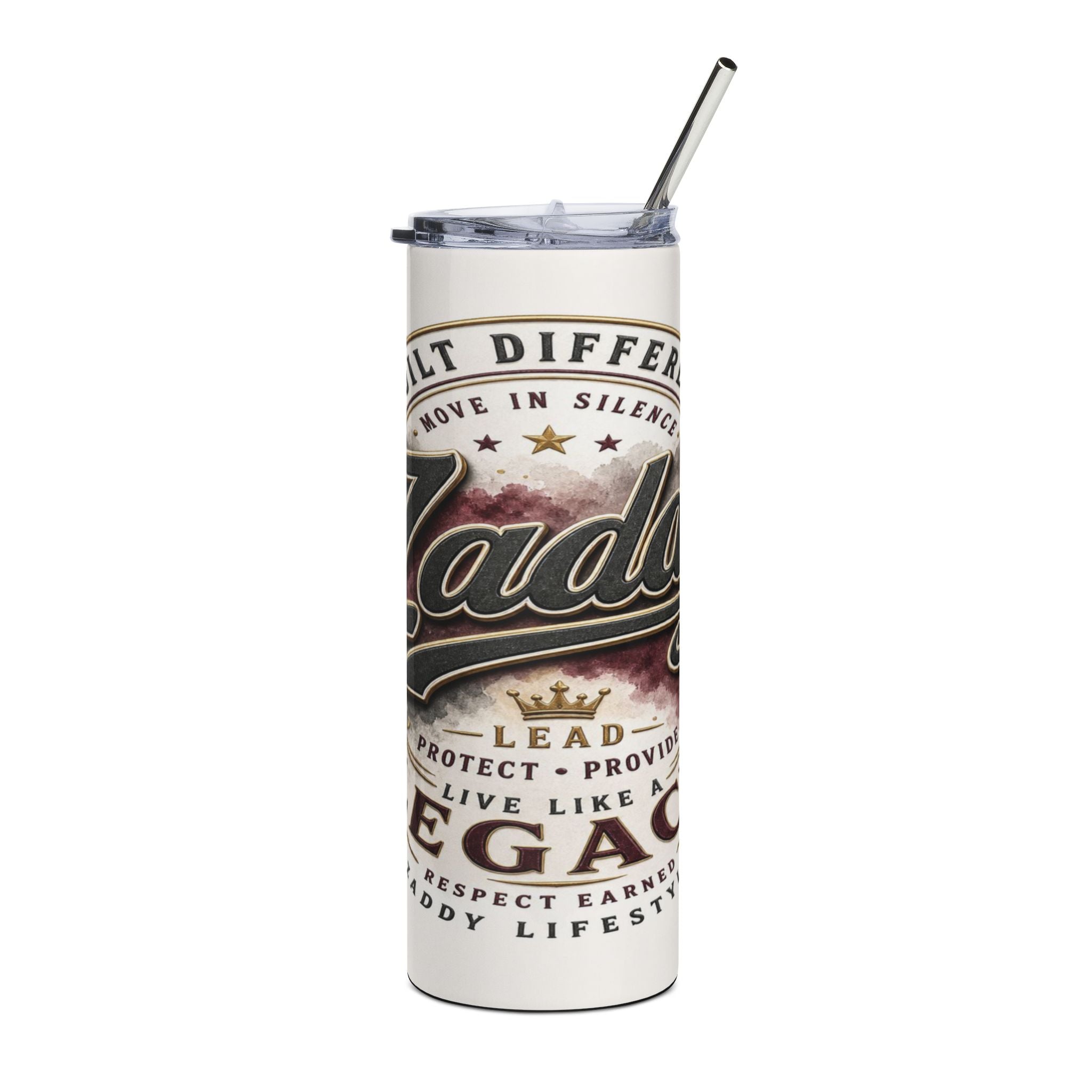 White tumbler with "Built Different" and "Move in Silence" text, "Vada" logo, and "Lead, Protect, Provide, Live Like A Legacy" phrases.