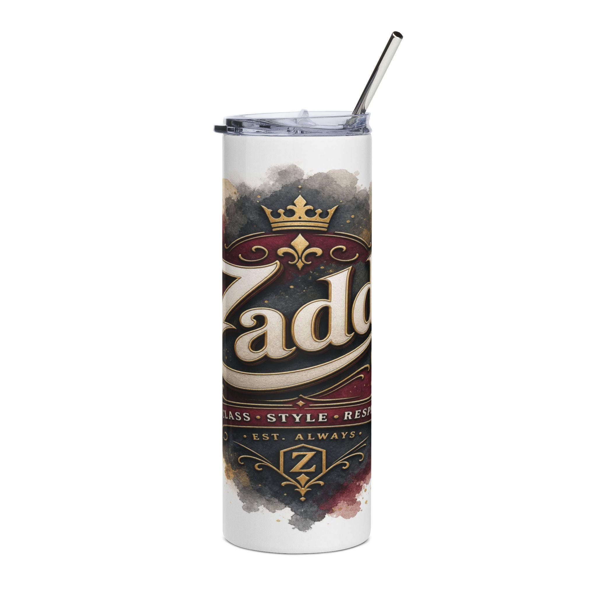 White tumbler with "Zado" logo, crown, fleur-de-lis, and "Est. Always" text.