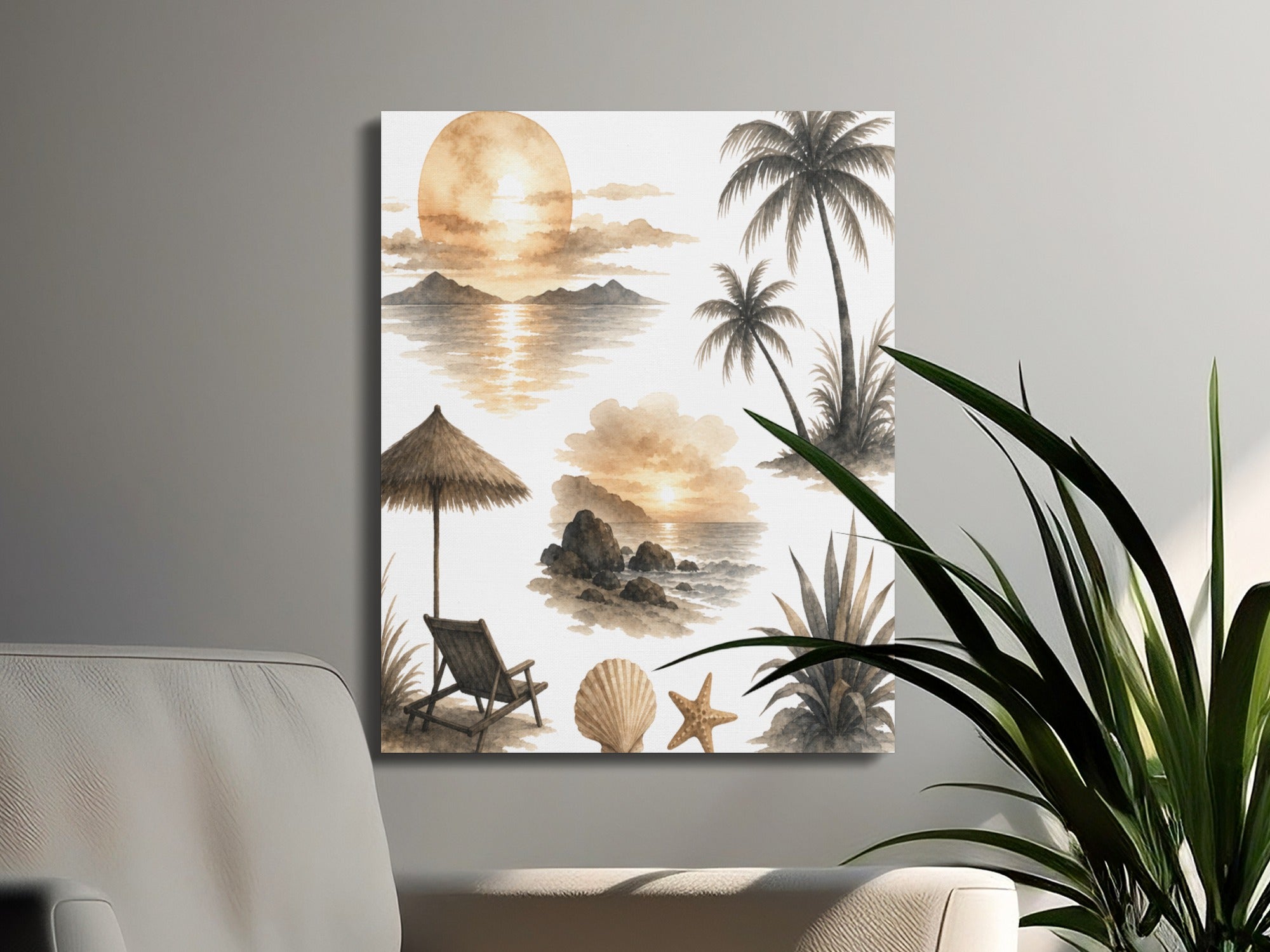 Watercolor beach scenes with palm trees, sunsets, beach chair, umbrella, shell, and starfish.