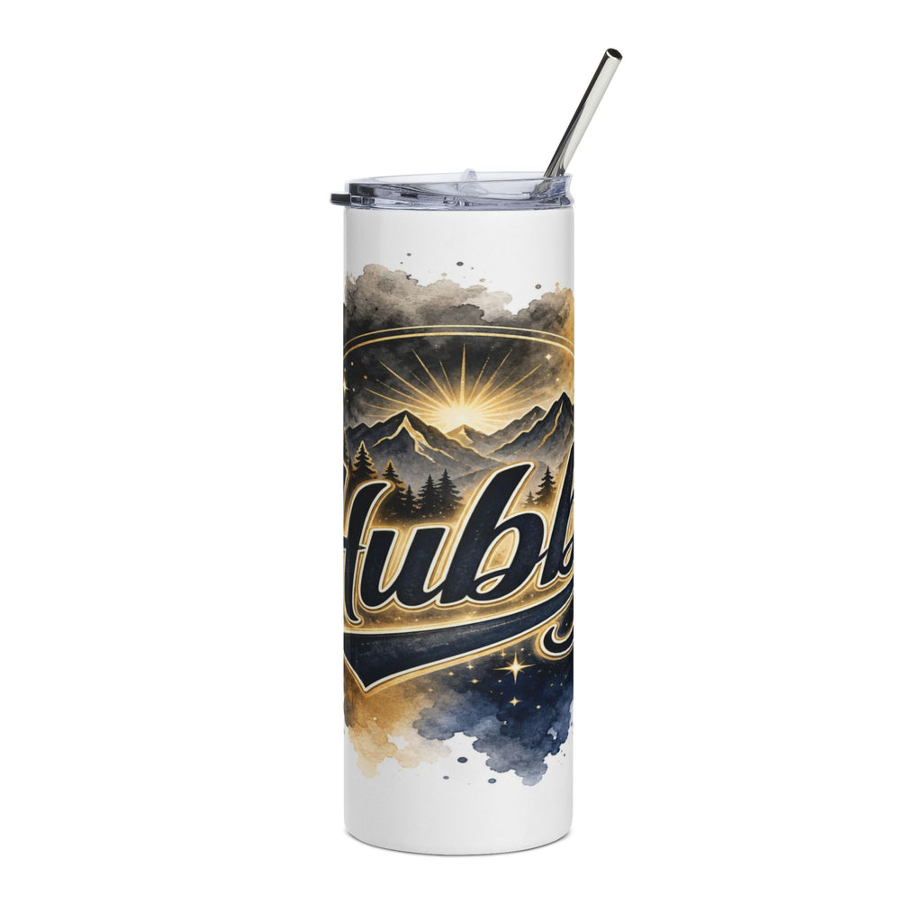 White tumbler with mountain sunset design and gold script text.