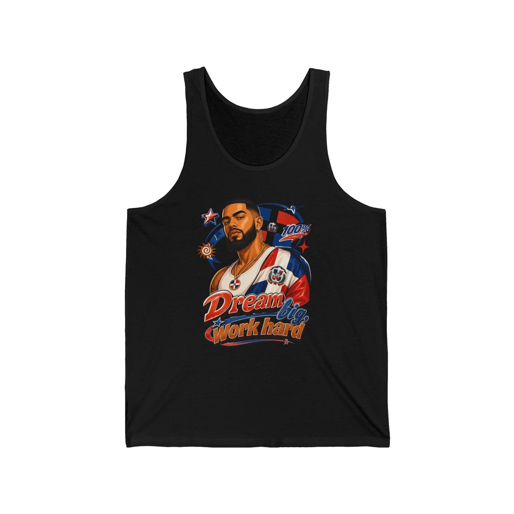 Dominican man in tank top, "Dream Big Work Hard" text, Dominican flag colors.